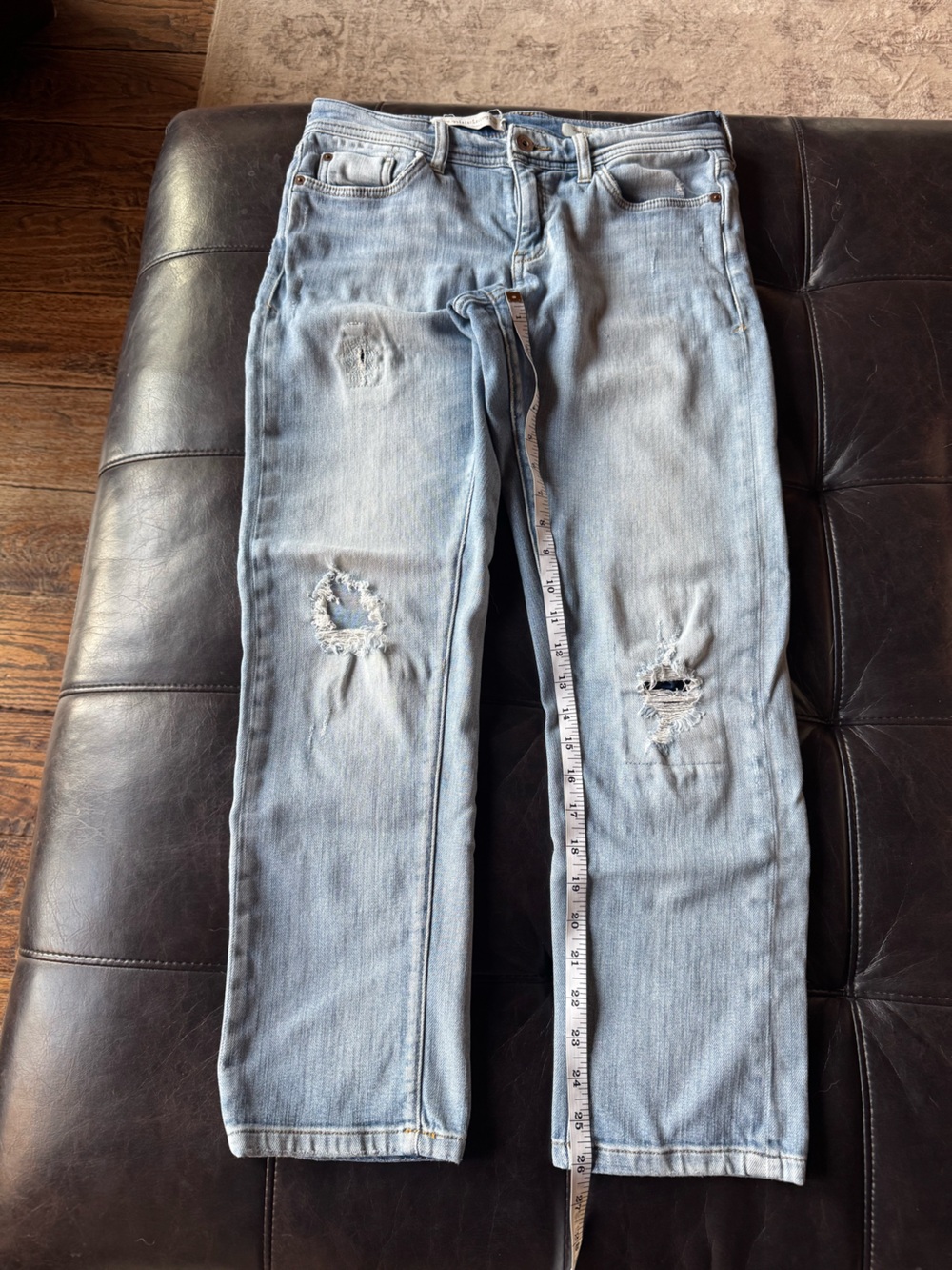 Pilcro Light Wash Distressed Slim Boyfriend Cropped Jeans - Ripped Knee Detail